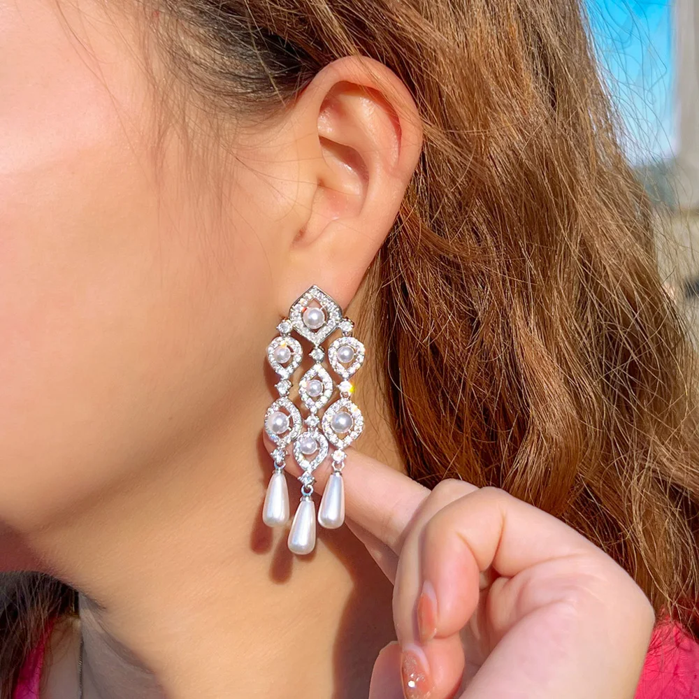 Pera великолепное качество кубический цирконий серебряного цвета длинные серьги с кисточками и жемчугом для невесты свадебные украшения аксессуары E067