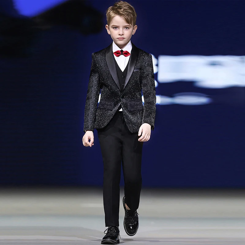 Elegant Three Piece Boys' Glitter Tuxedo Suit with Satin Lapel for Church Wedding Party Formal Wear for Ages 3-16