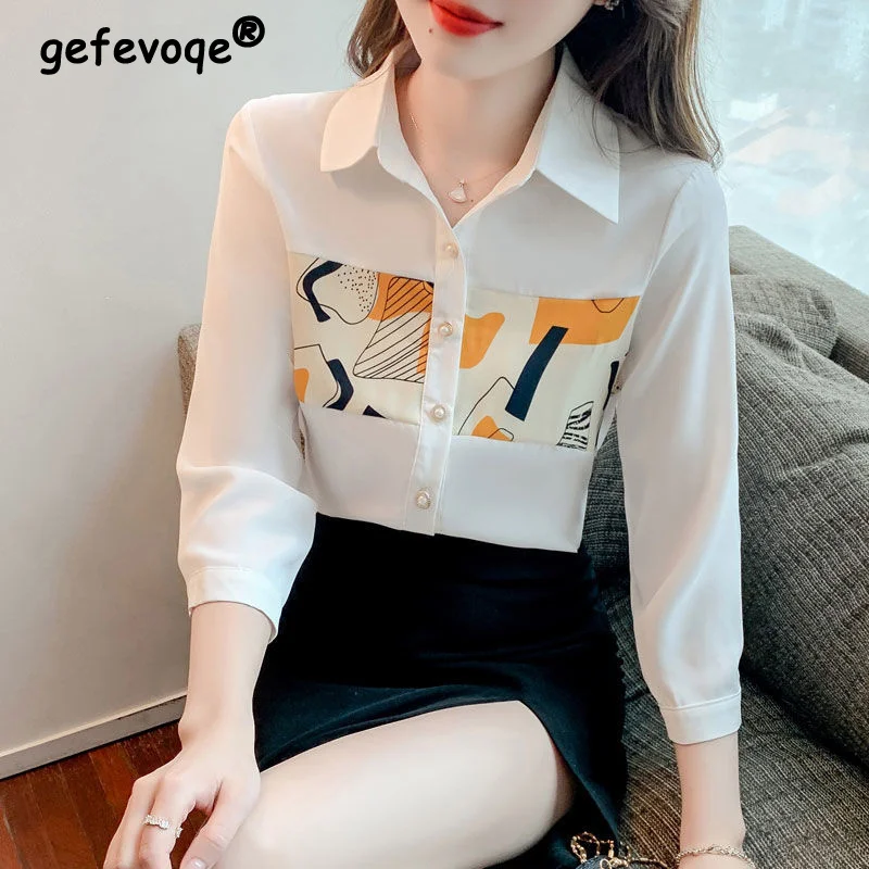 

Elegant Fashion Simple Printed Patchwork Three-quarter Sleeve Chiffon Blouse Top Women Casual Button Up Office Lady Shirt Blusas