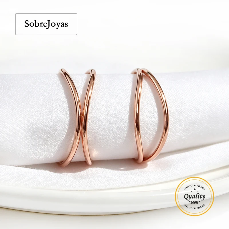 14K Rose Gold Filled Wave Double Band Wrap Stacking Ring Parallel Bar Cross Design Wholesale DIY Jewelry Findings