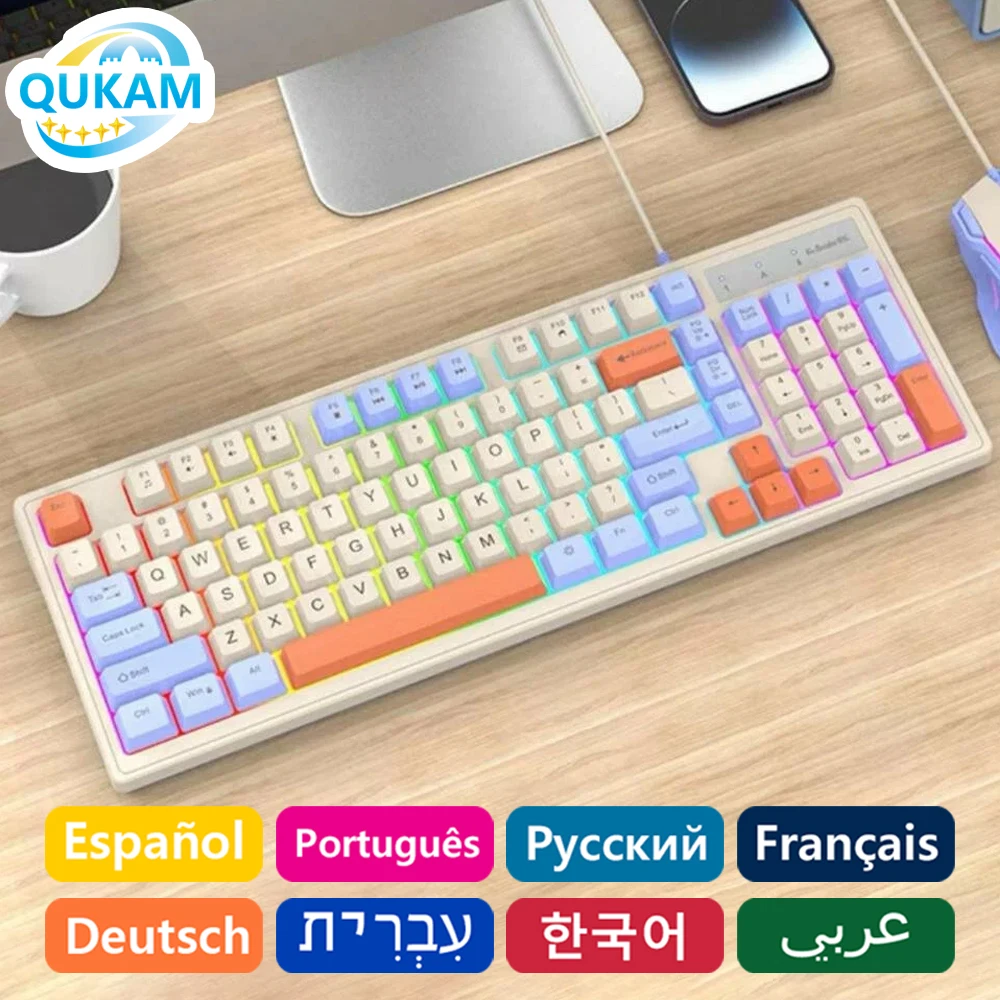 QUKAM بإضاءة خلفية 98 مفتاحًا لوحة مفاتيح ميكانيكية للألعاب سلكية USB أضواء صامتة لوحة مفاتيح للكمبيوتر اللوحي والكمبيوتر المحمول والمكتب حجم قابل للتعديل