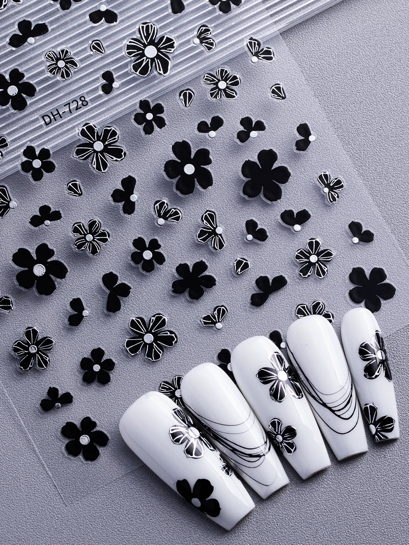 Adesivi per unghie con piccoli fiori dipinti a mano in bianco e nero, adesivi per unghie piatti di fascia alta, decorazioni fai da te, impermeabili e durevoli