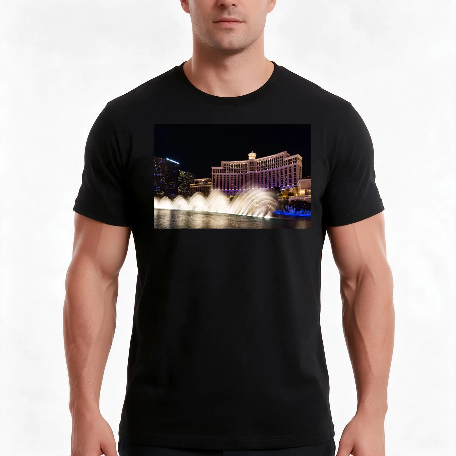 Midnight Dance - Silky Bellagio Fountains at Night T-Shirt Summer Casual Cotton Tee Oversized Streetwear Tops 100% Cotton