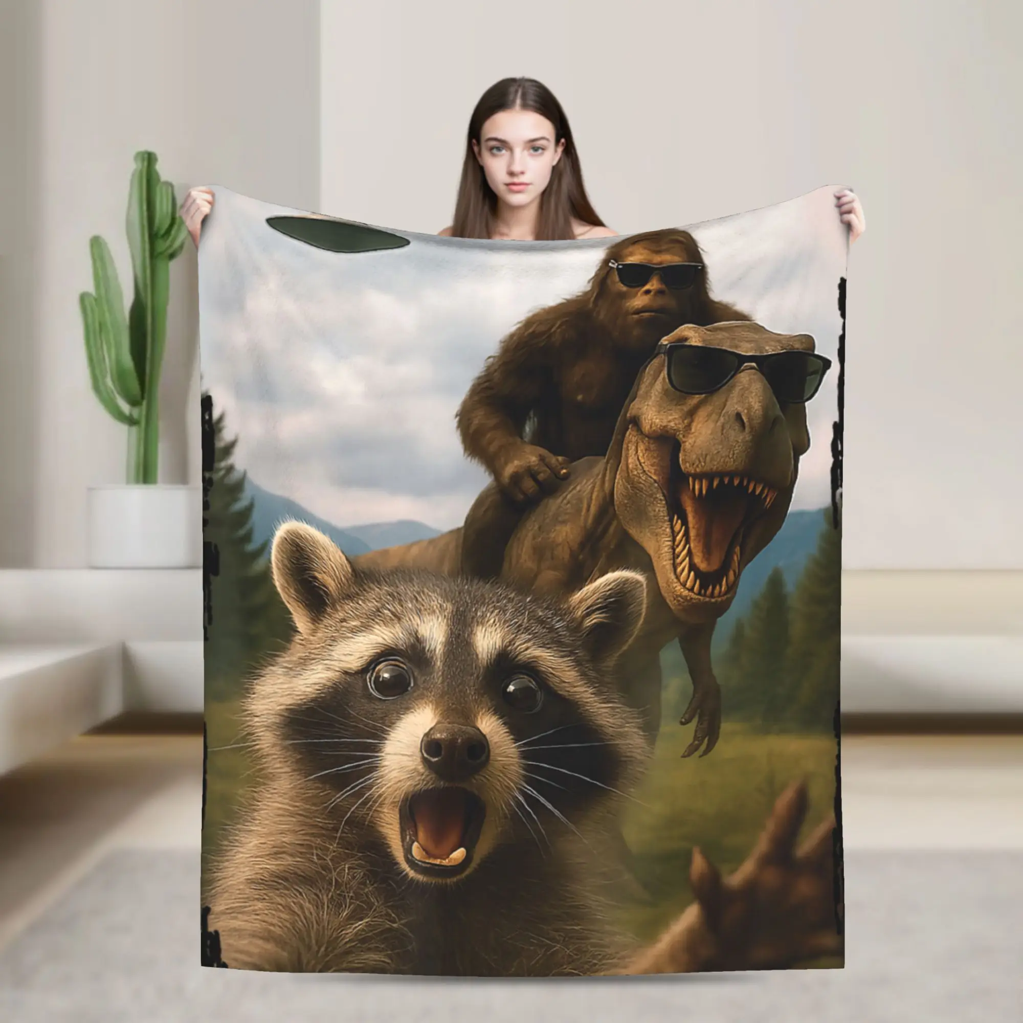 Funny Bigfoot Ride Dinosaur Raccoon Blanket Cozy Soft  Throw Blankets for Couch 50x60 Inch Multi-size Bedspreads