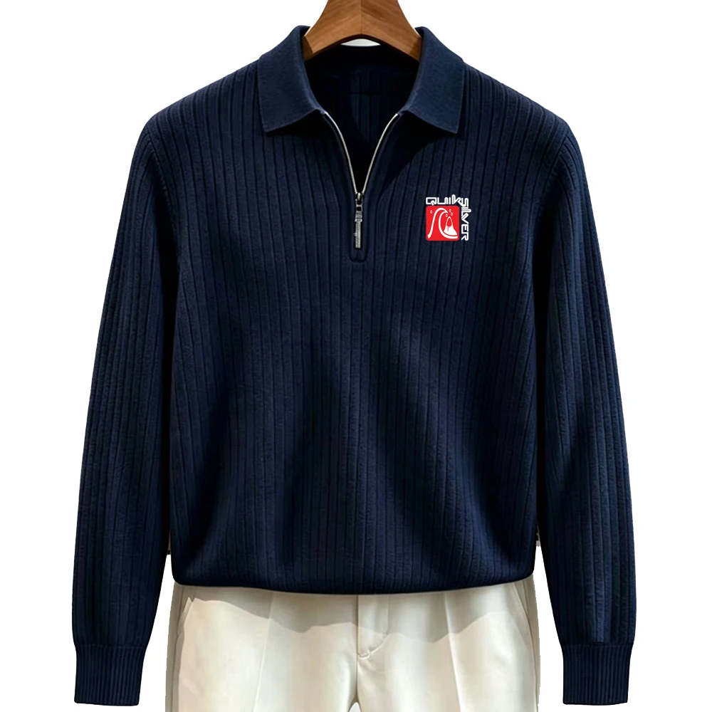 Men Half Zip Polo Knit Sweater Ribbed Lapel Collar Long Sleeve Surf Wave Graphic Print Casual Pullover Jumper