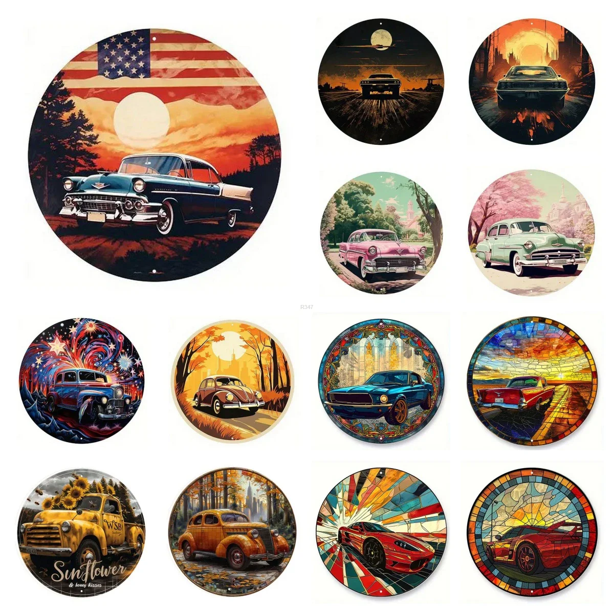 Retro Round Metal Tin Signs 2D Flat Automobile Decor Pattern Nostalgic Iron Painting Novelty For Cafe Bar Man Cave Wall Decor