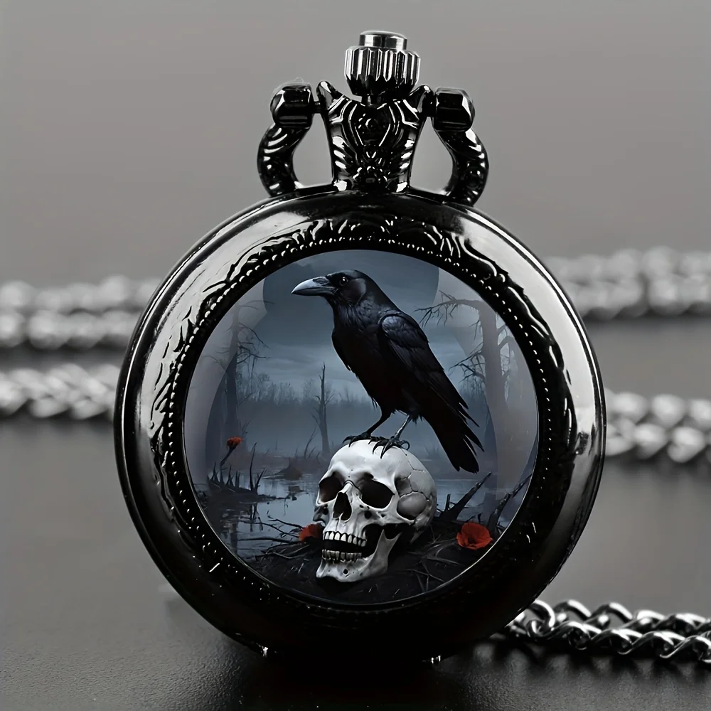 Vintage Gothic Crow & Skull Pattern Design,with Black Chain, Quartz Movement, Mini Size Retro Pocket for Halloween Gift