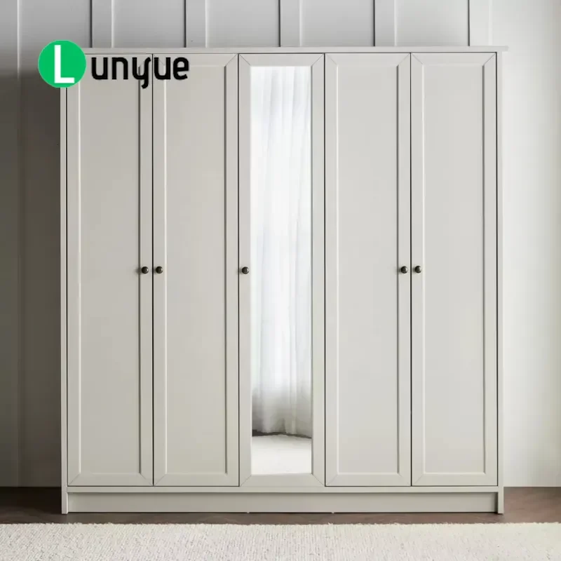 Modern Shaker Style 5 Door Wardrobe with Full Width Mirror Melamine MDF Hinged Closet Storage Cabinet for Bedroom Home