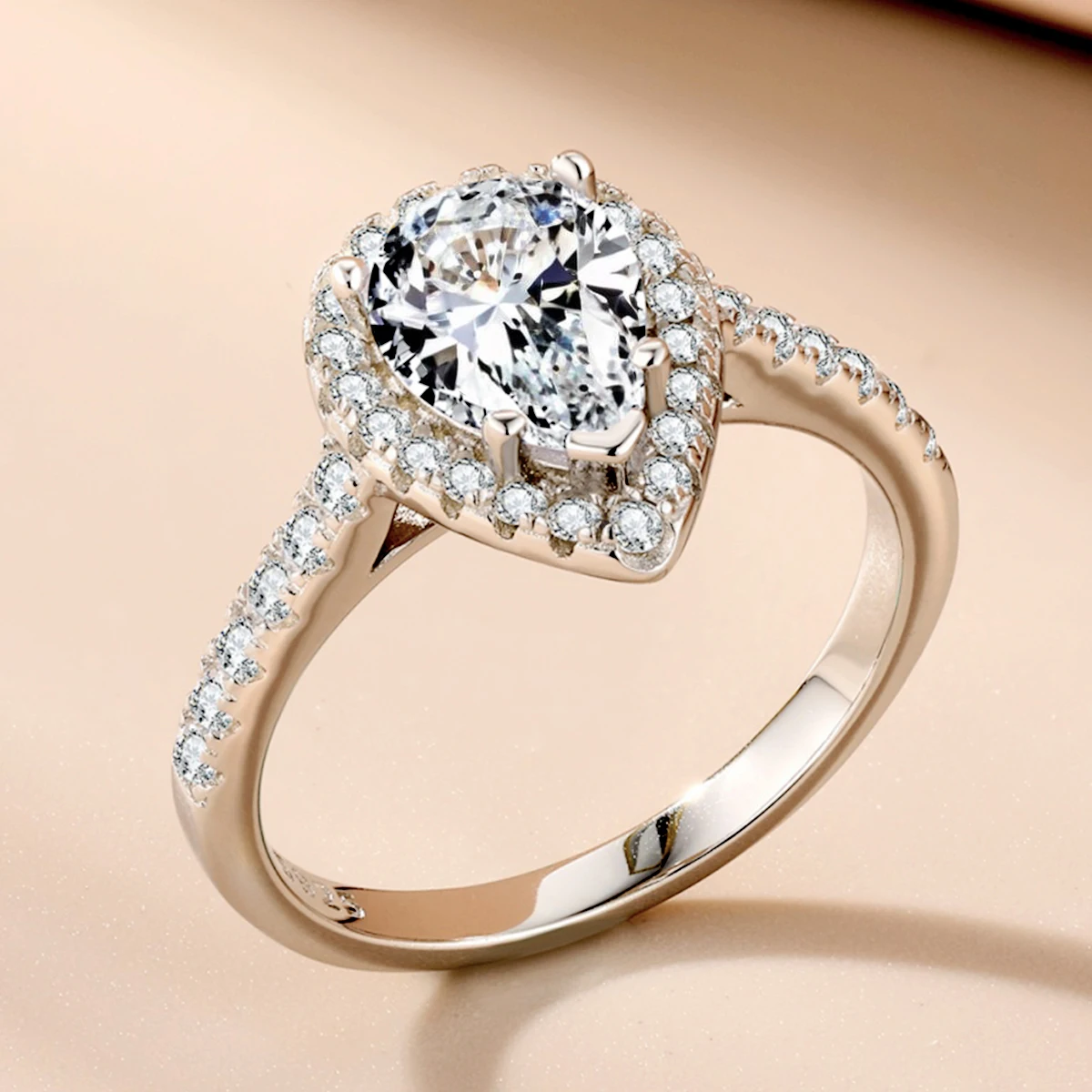 ‌Genuine S925 Sterling Silver Pear Cut Ring Halo Round CZ Stones- Elegant Wedding Engagement Party Jewelry for Women Anniversary