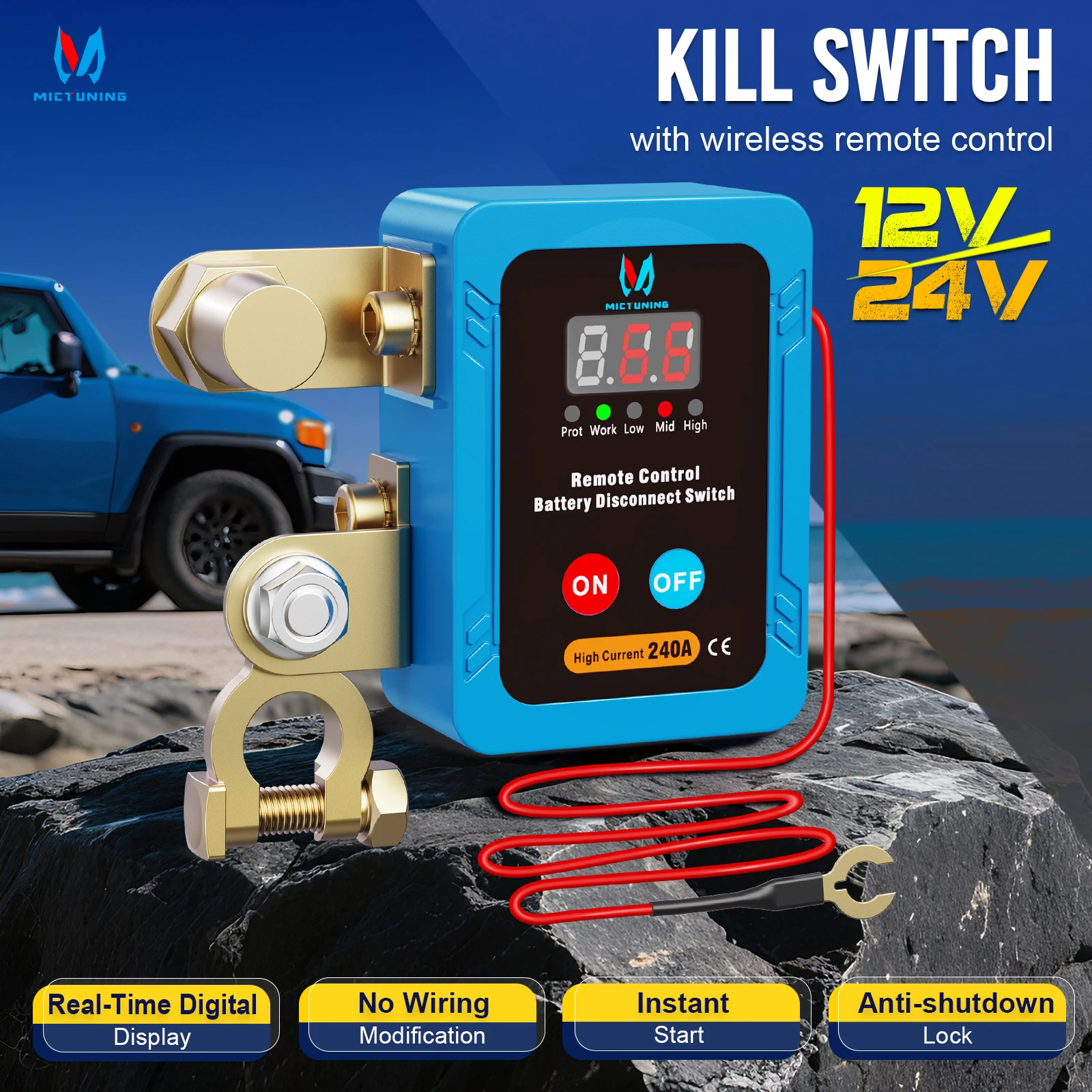 MICTUNING Kill Switch Remote Control 12V 240A Battery Disconnect Isolator Anti-Theft Switch with Digital Display LED Indicators