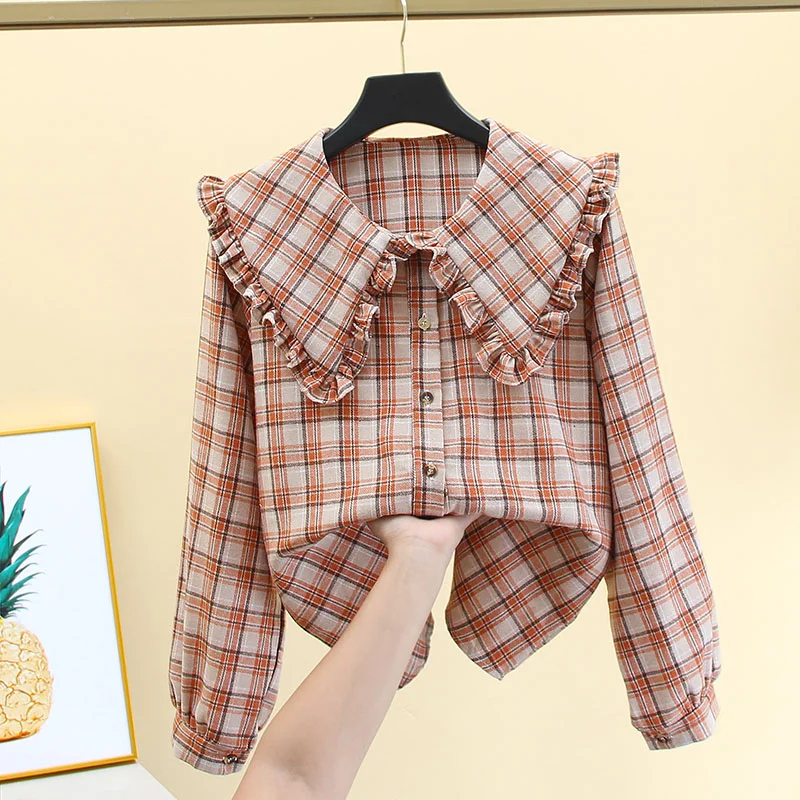 

Женская рубашка в клетку в студенческом стиле, новинка весна-осень, французский стиль, с воротником Питер Пэн, с длинным рукавом, свободная блузка на одной пуговице