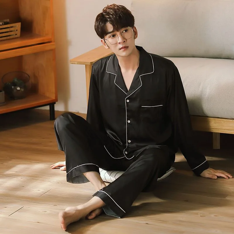 

Men Pajama Sets Casual Satin Sleepwear For Man Long Sleeve Pyjama Male Fashion Soft Silk Home Wear Big size Loungewear
