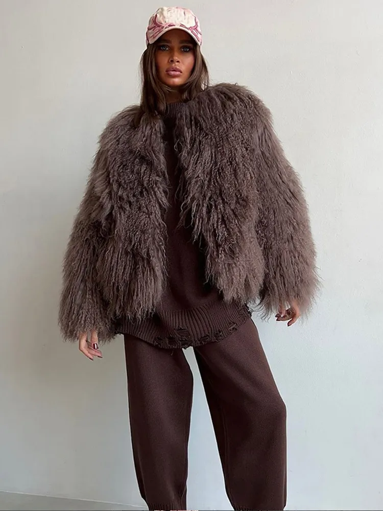 2024 New Burgundy Oversized Fluffy Faux Fur Coat Fashion Women Round Neck Long Sleeved Warm Jacket Winter Lady Loose Streetwear