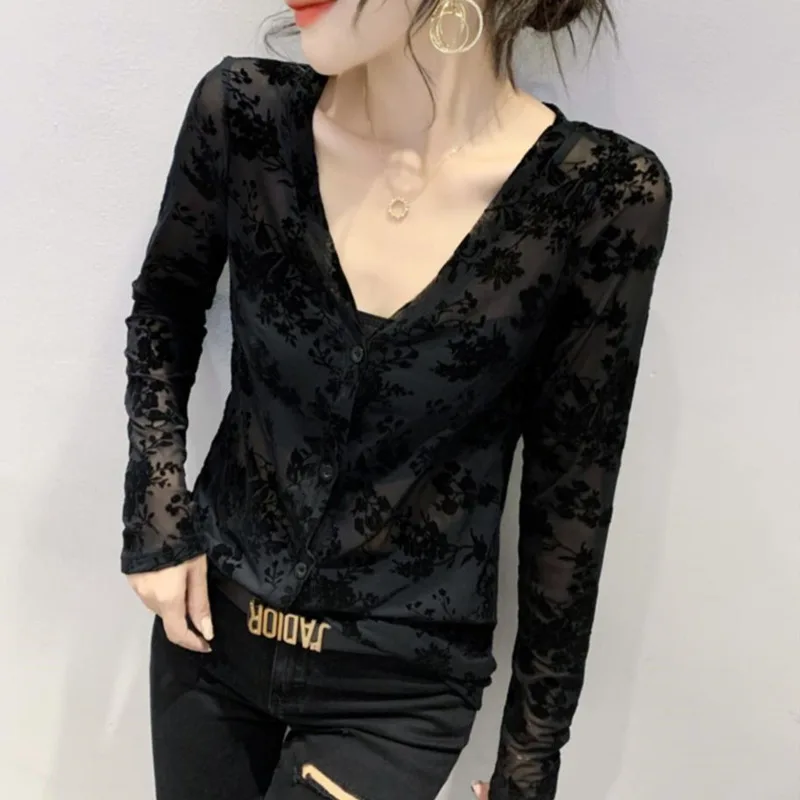 #7250 Black White Vintage Mesh T Shirt Women V-neck Buttons Sexy Cardigan Thin Perspective T-shirt Femme Long Sleeve Slim Retro