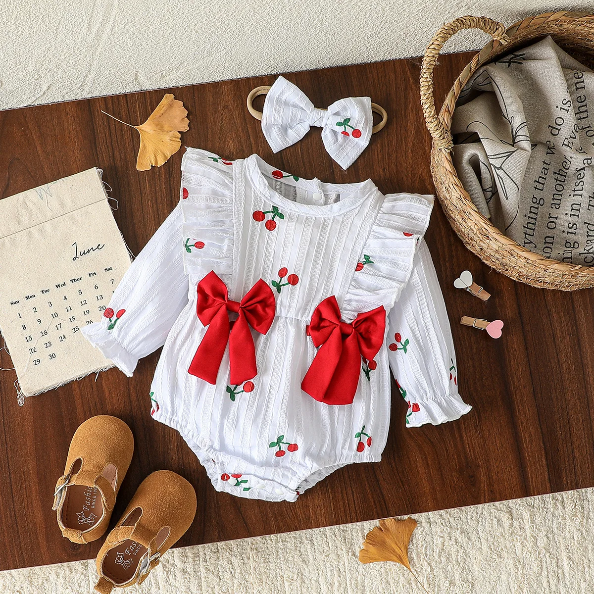 2Pcs Spring&AutumToddler Baby Girls Fly Sleeve Rompers Infant Cherry Embroidery Bodysuits Cotton Jumpsuits 0-18 M +Headband