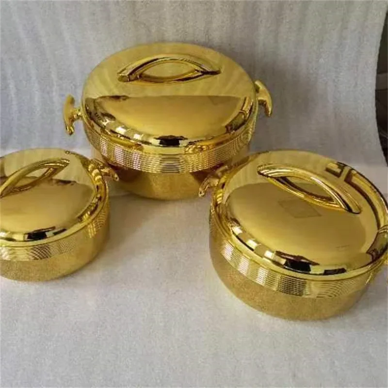 3Pcs/ Set/1.0Liter / 2.0 Liter /3.5 Liter Food Warmer Full Gold Plated Silver Lunch Box Hot Pot Ramadan Event Party