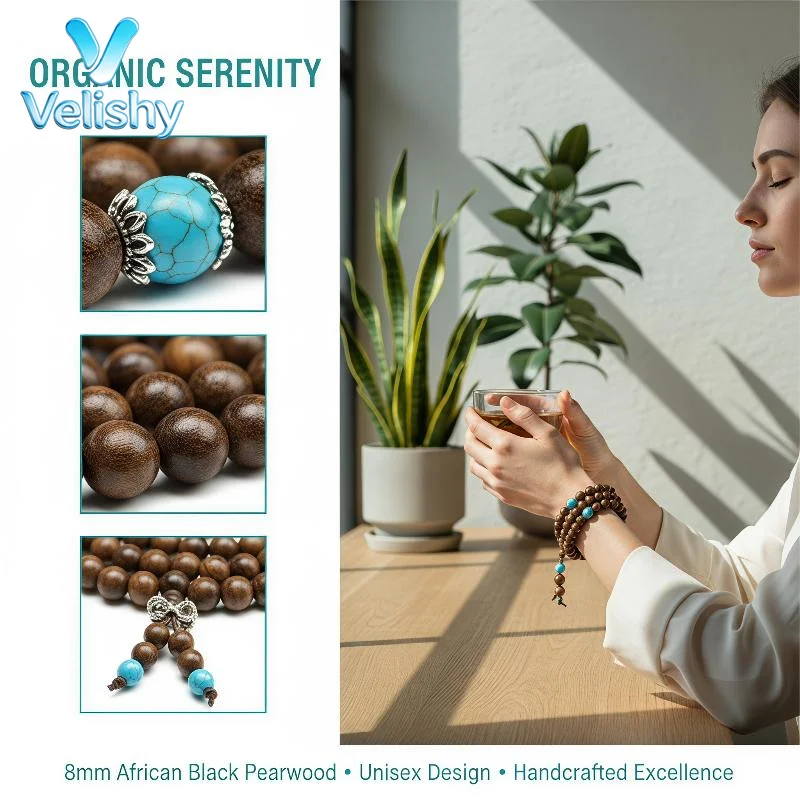 Hand Polished Wood 108 Mala Rosary Bracelet 8mm Turquoise Prayer Beads for Comfortable All Day Wear