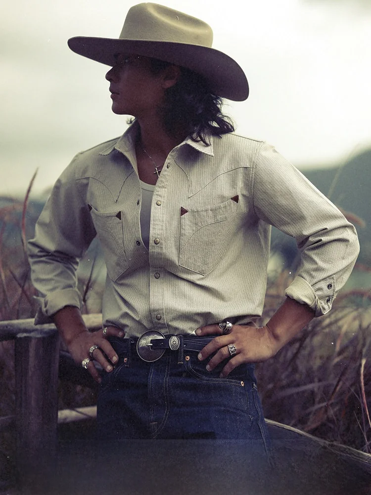 

Рубашка Western Series с узкими полосками и длинными рукавами, бежевая, в американском ретро-стиле, молодежная, из смесового хлопка и полиэстера, износостойкая