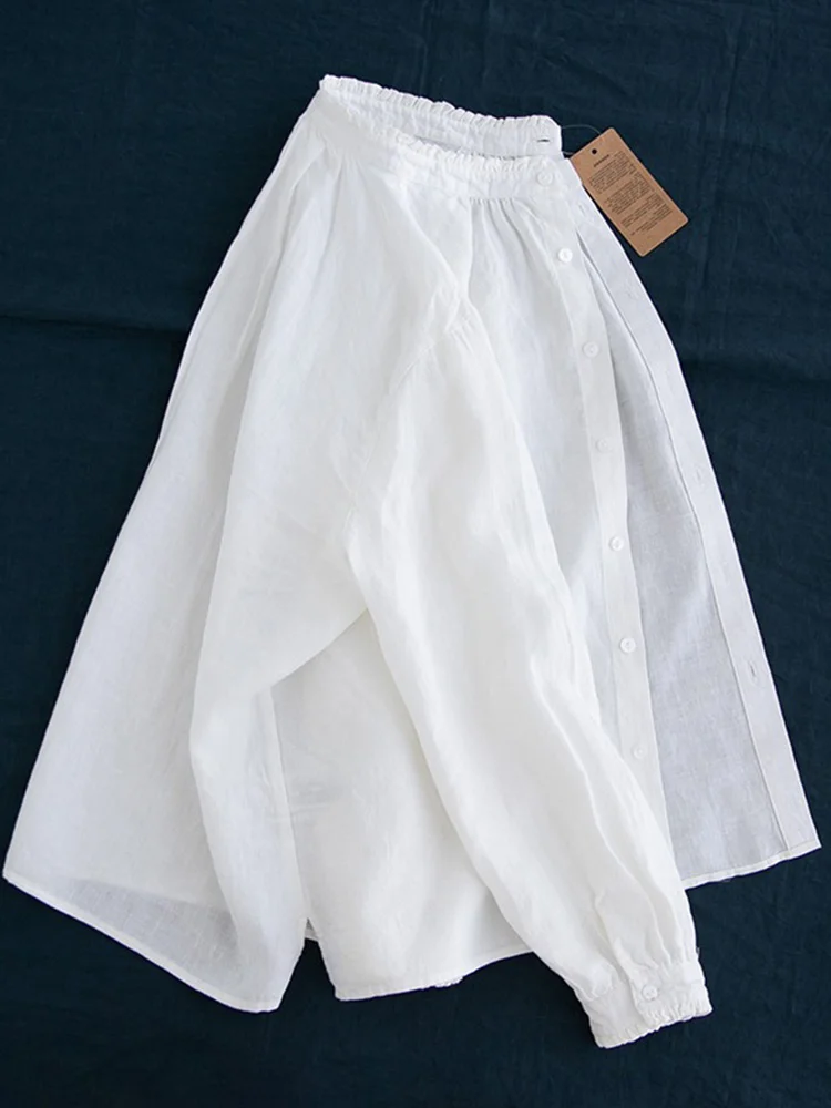 Los Katoen Linnen Lange Sve irt Opstaande Kraag Button up Pure Kleur Pendelen Sle Dames Faion Loose Fit Linnen irt