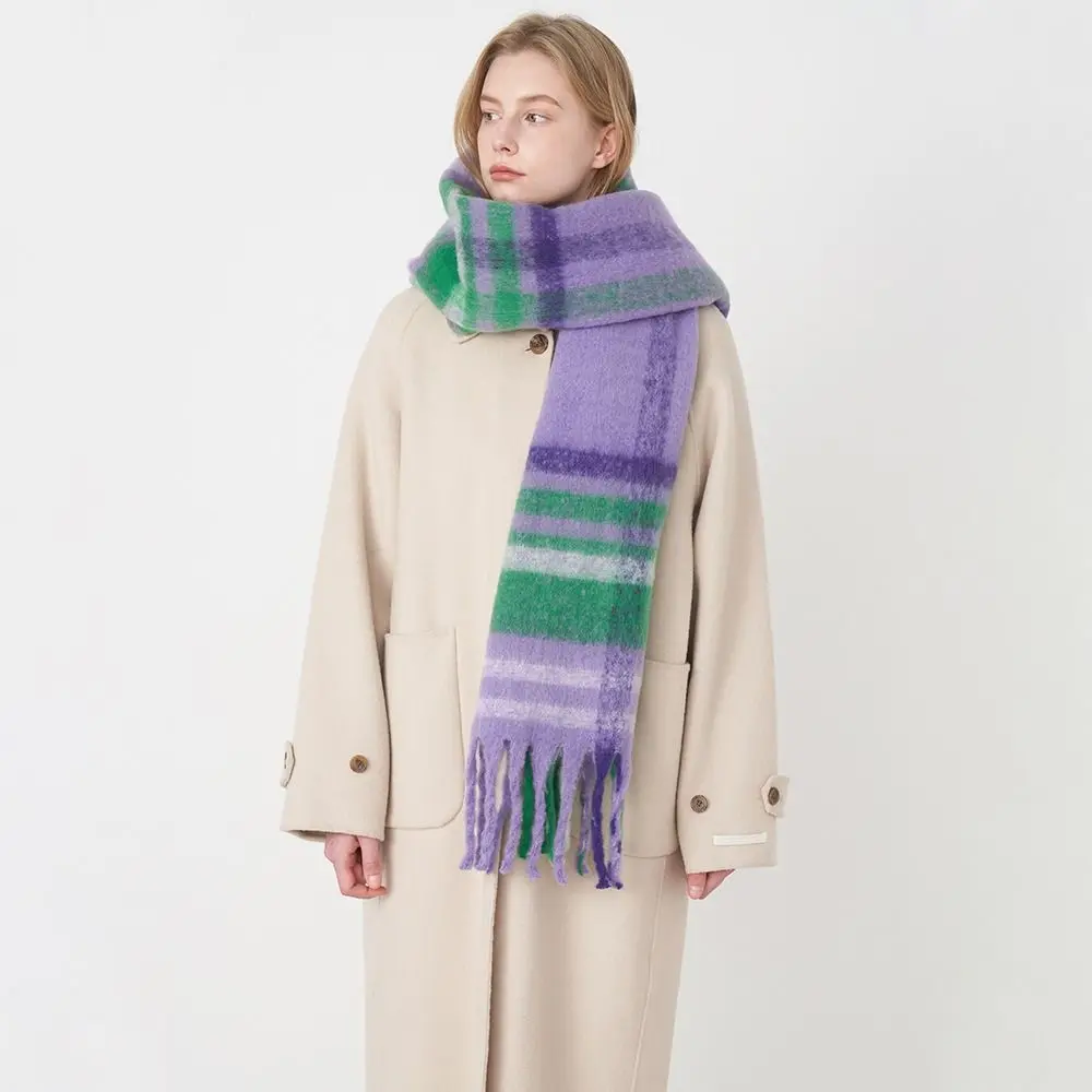 Simple Tassel Plaid Wool Scarf Plush Cashmere Shawl Winter Cashmere Scarves Solid Color Wool Scarves Cape Wraps Girl