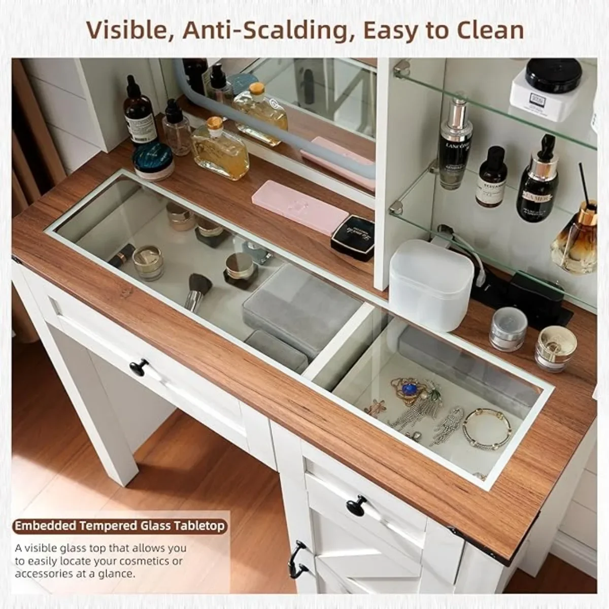 Vanity Desk w/ Mirror & Lights, Makeup Vanity Desk with Charging Station, Farmhouse Makeup Desk with 3 Adjustable Lighting Modes