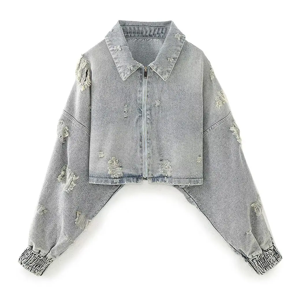 PB&ZA Women Ripped Denim Cropped Jacket Coat, Vintage Long Sleeve Outerwear, Casual Chic Female, New Fashion, Winter, 2024