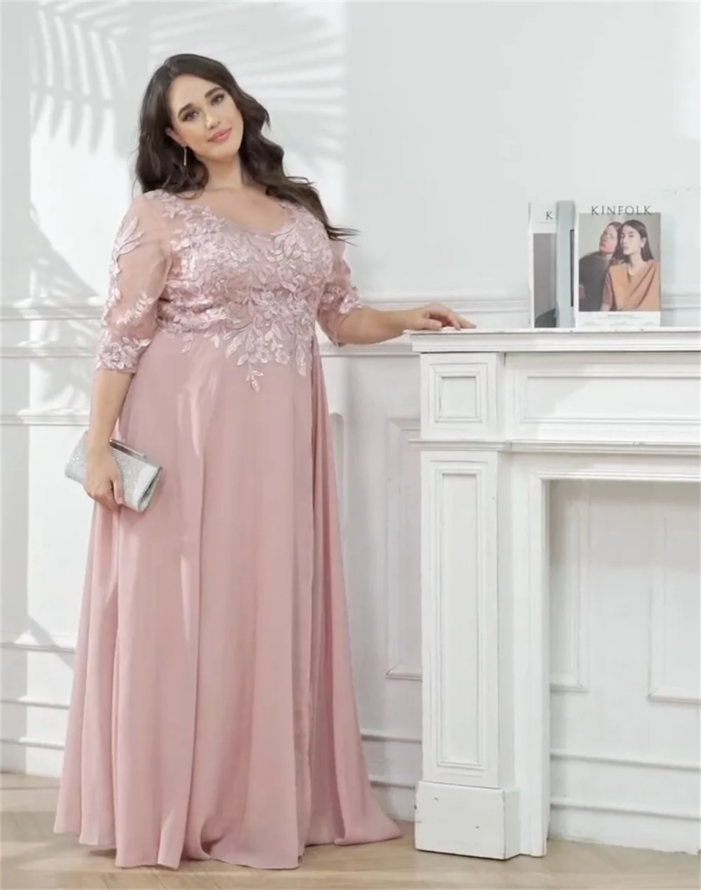 فستان زفاف شيفون لأم العروس ، أكمام ، زينة دانتيل ، فستان رسمي ، فستان حفلة موسيقية ، حجم كبير #3