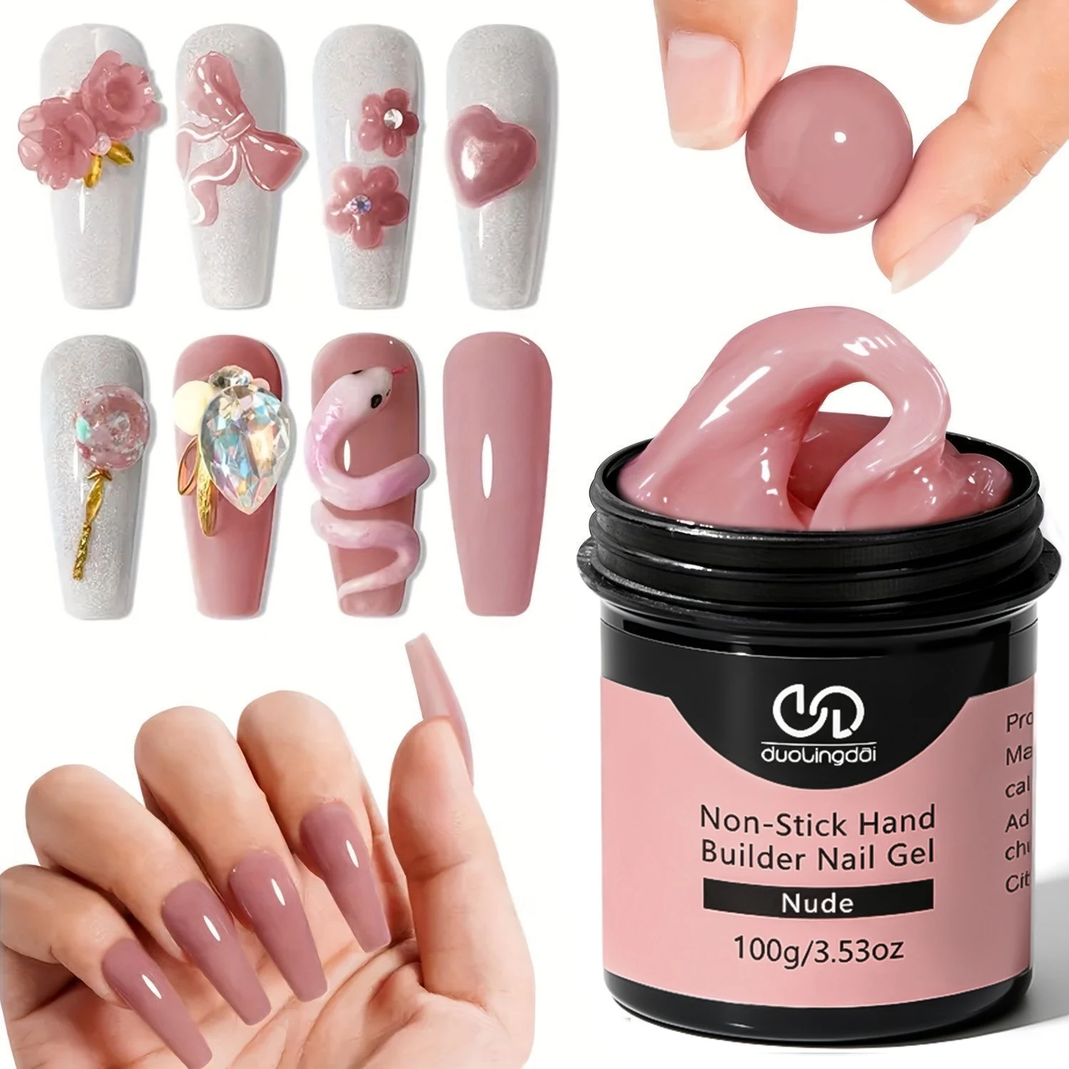 DOULINGDAI 100g Nude Solid Builder Nail Gel Kit, Non-Stick Hard Gel for Extension & 3D Carving, No Slip Solution Needed