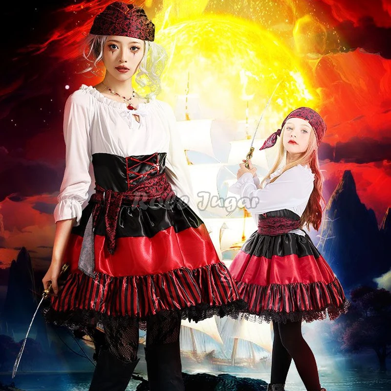 Halloween Nightclubs Party Caribbean Pirates Cosplay Costume For Women Girls Pirate Captain Fancy Dress Parent Child Clothing