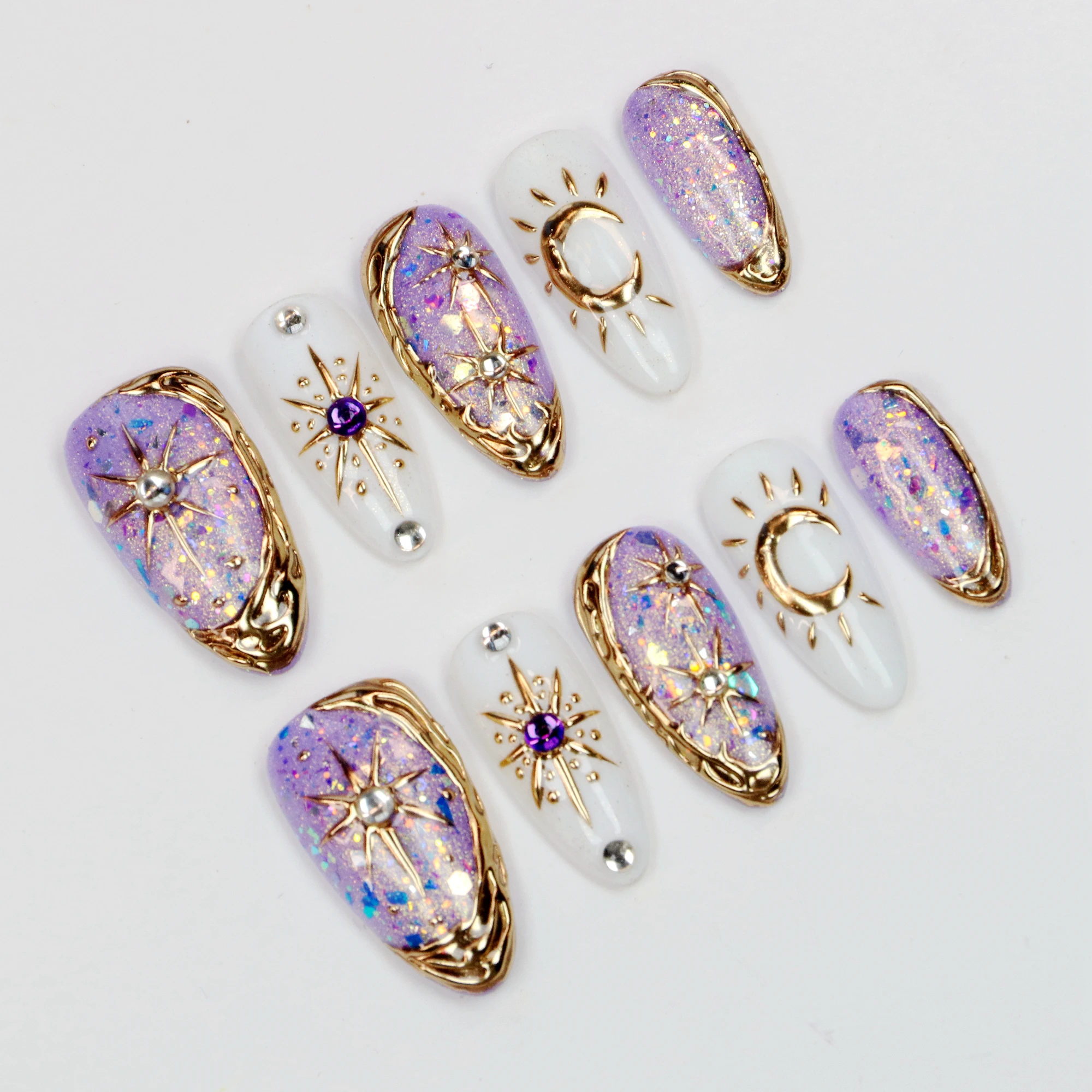 10 peças de unhas pintadas à mão estilo livre, amêndoa longa de cristal  metálico dourado 3d, unhas góticas falsas de amêndoa cromadas  personalizadas / Arte em unhas e ferramentas, image size:2000x2000