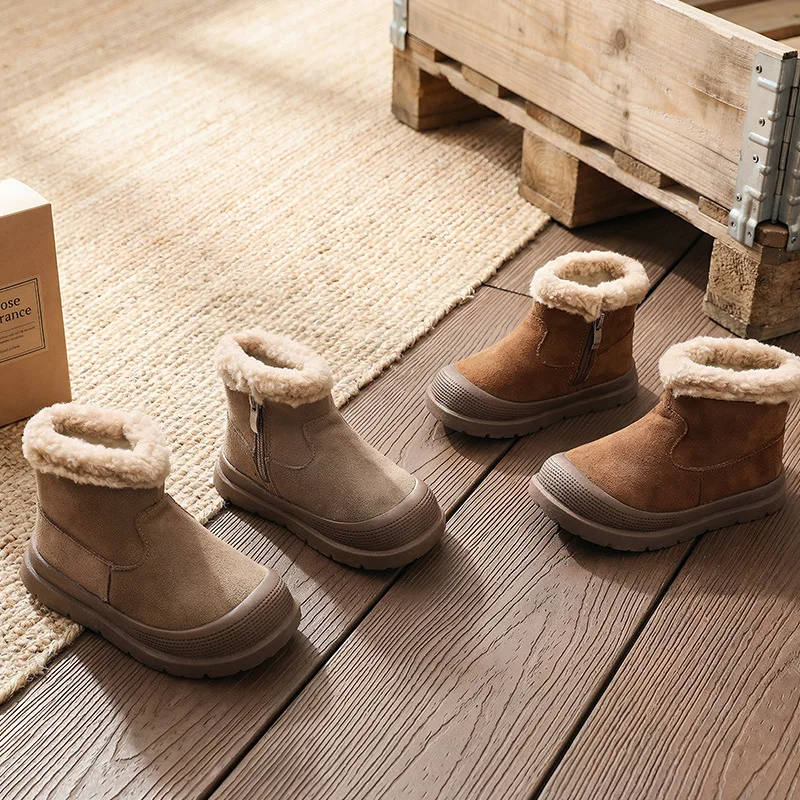 Kids'Snow Boots Solid Color PU Leather Fashion Winter Flat Shoes For Children Anti-slip Soft Bottom Warm Khaki Brown Size 16-26