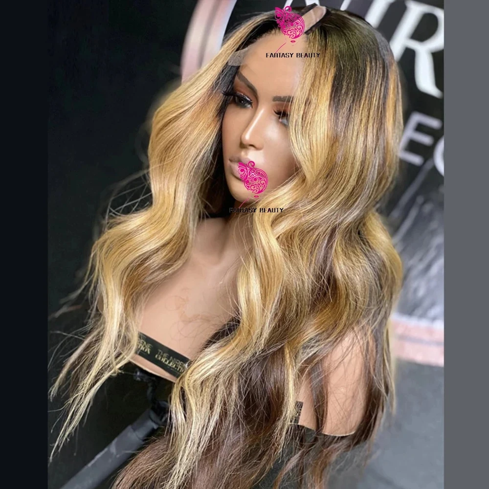 Ombre Golden Blonde V Part Wigs Loose Wave Unprocessed 100% Human Hair Highlight Honey Blonde Middle/Side UPart Full End Cosplay