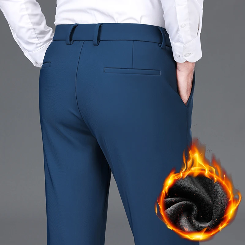 

Winter Fleece Men's Casual Pants Fashion Solid Color Classic Business Slim Thickened Warm Velvet Trousers Brand Plush Clothing