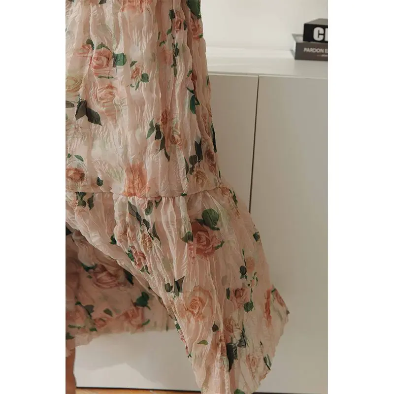 Korobov Y2k Skirts Woman Rose Print Irregularly Pleated Organza Skirt High Waist Long Skirts Vintage Fashion Faldas Para Mujeres