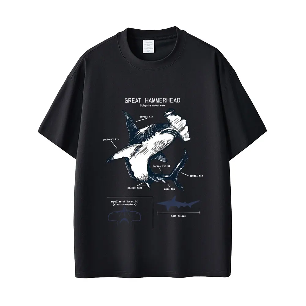 

Marine Animals Great Hammerhead Anatomy Graphic T-shirt Men Women Casual Vintage Streetwear Unisex Oversized Crewneck T Shirts