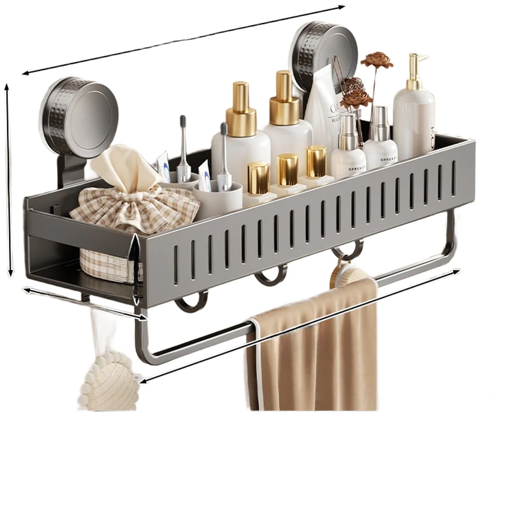 Suction Cup Mounted Shower Shelf with Extra Length Hooks and Towel Rack Rust Resistant Materials for Long Term Use
