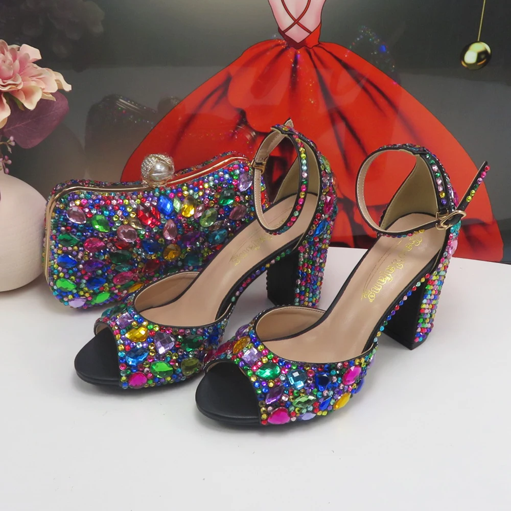 2024 fashion Women wedding shoes with matching bags Multicolored Crystal Thick High heels Ladies Party Dress shoes women Pumps