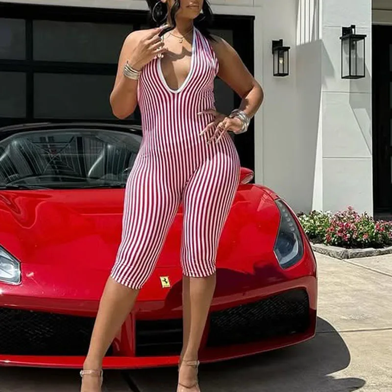 

Summer Striped Hollow Out Backless Tie Short High-End Jumpsuit For Women