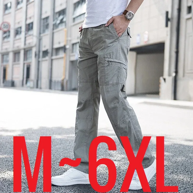 Big Size Casual Pants Straight Leg Cotton Men's Cargo Pant Summer Thin Work Trouser Male Loose Wide Side Multi Pocket Large Size