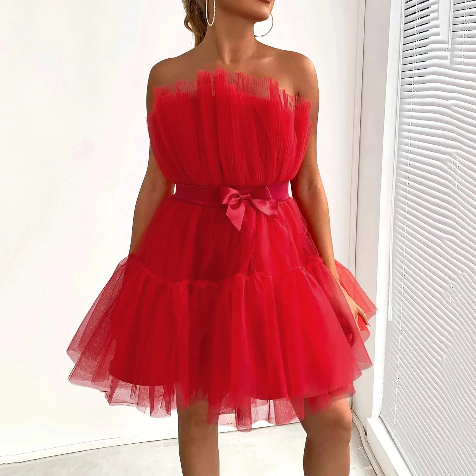 Schleife schnüren träger losen Tüll Ballkleid Frauen Mesh lässig geschwollene Mini kleider Dame Cocktail Geburtstag Fee Party Nacht Vestidos