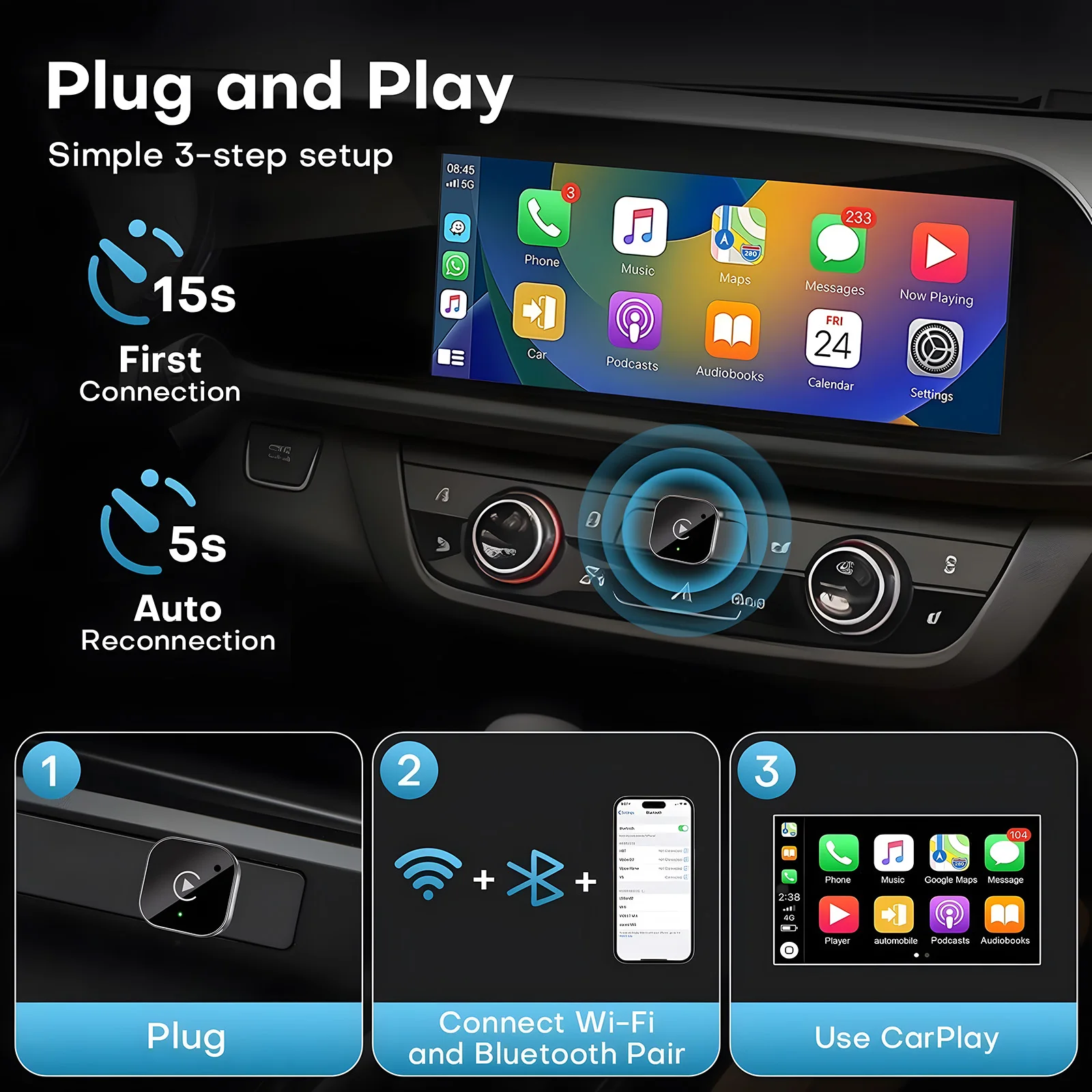 2026 Latest Wireless CarPlay Apapter CarPlay & Android Auto,Type-C Port,Converts Wired to Wireless,Plug & Play