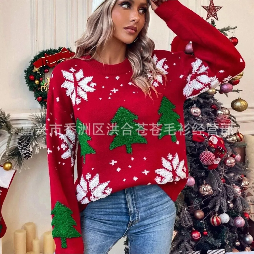 クリスマス冬服女性セータートップクリスマスツリーニットセータープルファムオールマッチルーズシンプルスタイル快適