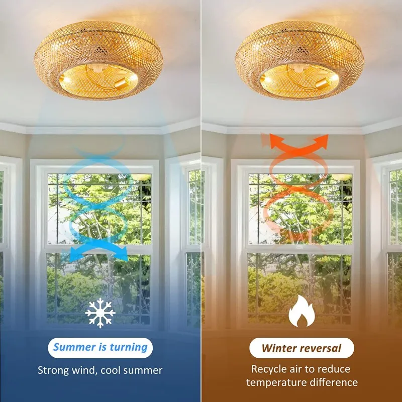 Round Bamboo Ceiling Fan With Light And Control Rattan Cage Flush Mount Ceiling Fans With Led Light For Home Living Room Bedroom