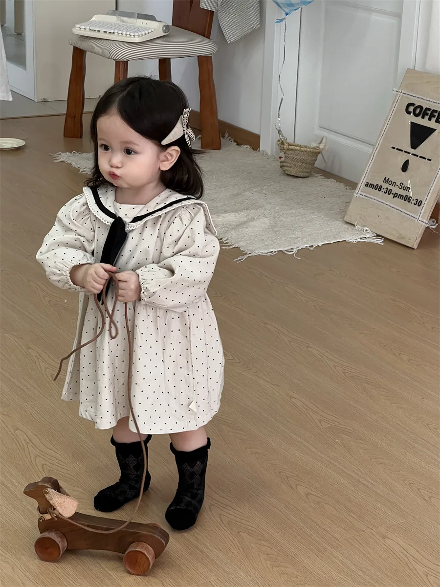 2023 Lente Nieuwe Baby Meisjes Lange Mouw Jurk Katoenen Baby Losse Dot Print Jurk Sailor Kraag Prinses Jurk Peuter Kleding