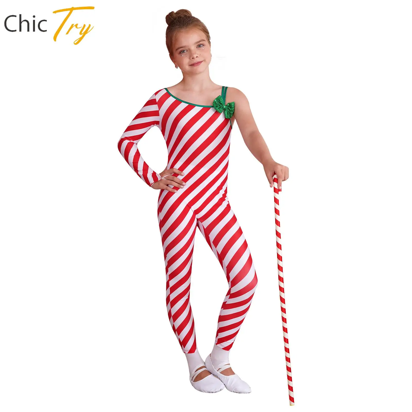 

Kids Girls Christmas Ballet Dance Cosplay Bodysuit Xmas Candy Cane Jumpsuit One Shoulder Shiny Bowknot Striped Bodysuit Leotard