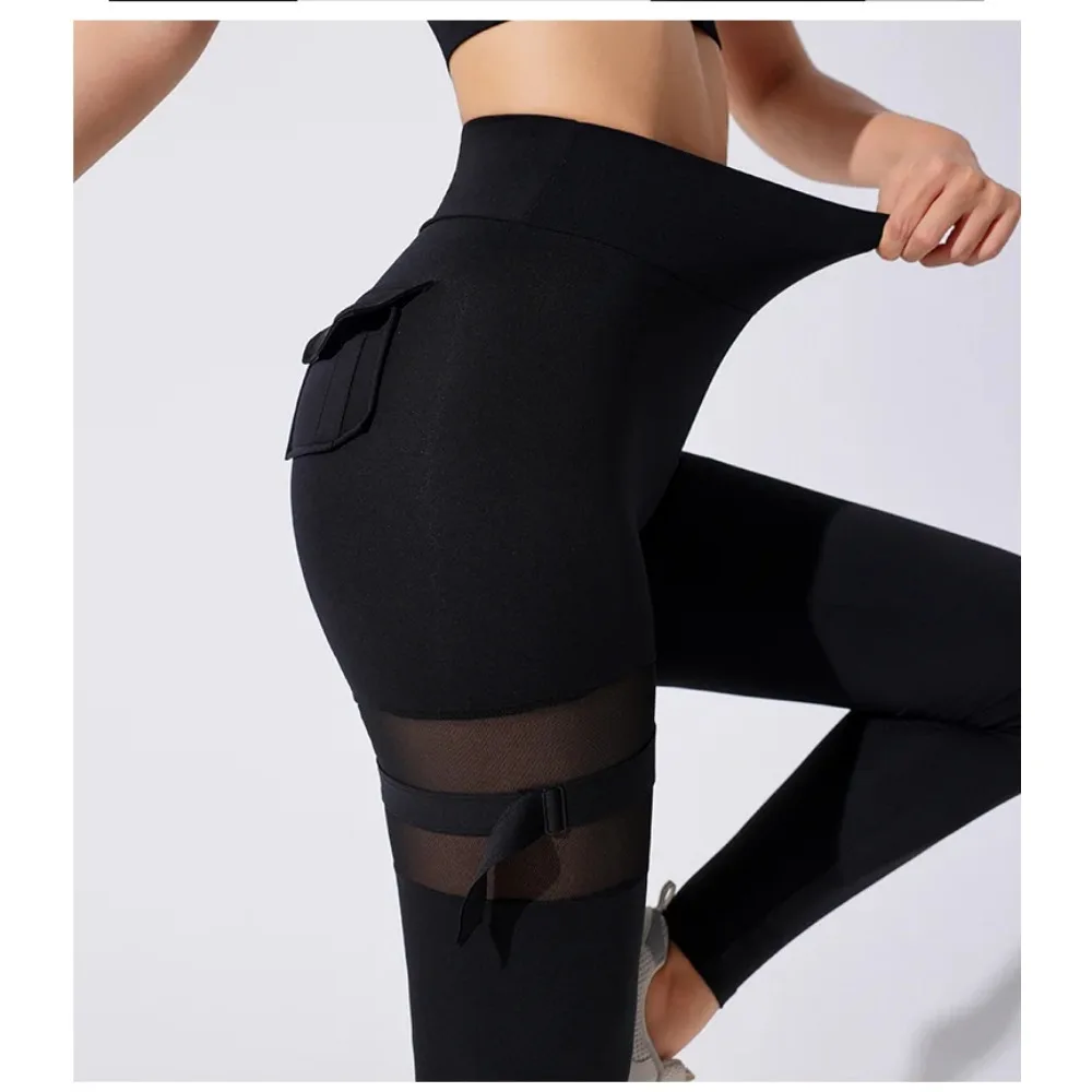 Pantalones deportivos de bolsillo liso para mujer, mallas deportivas ajustadas con cintura alta y levantamiento de cadera y correa sólida para correr, verano