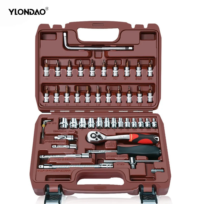 47PCS Socket Wrench Auto Repair Tool Combination Package Mixed Tool Set Hand Tool Kit with Storage Case Screwdriver