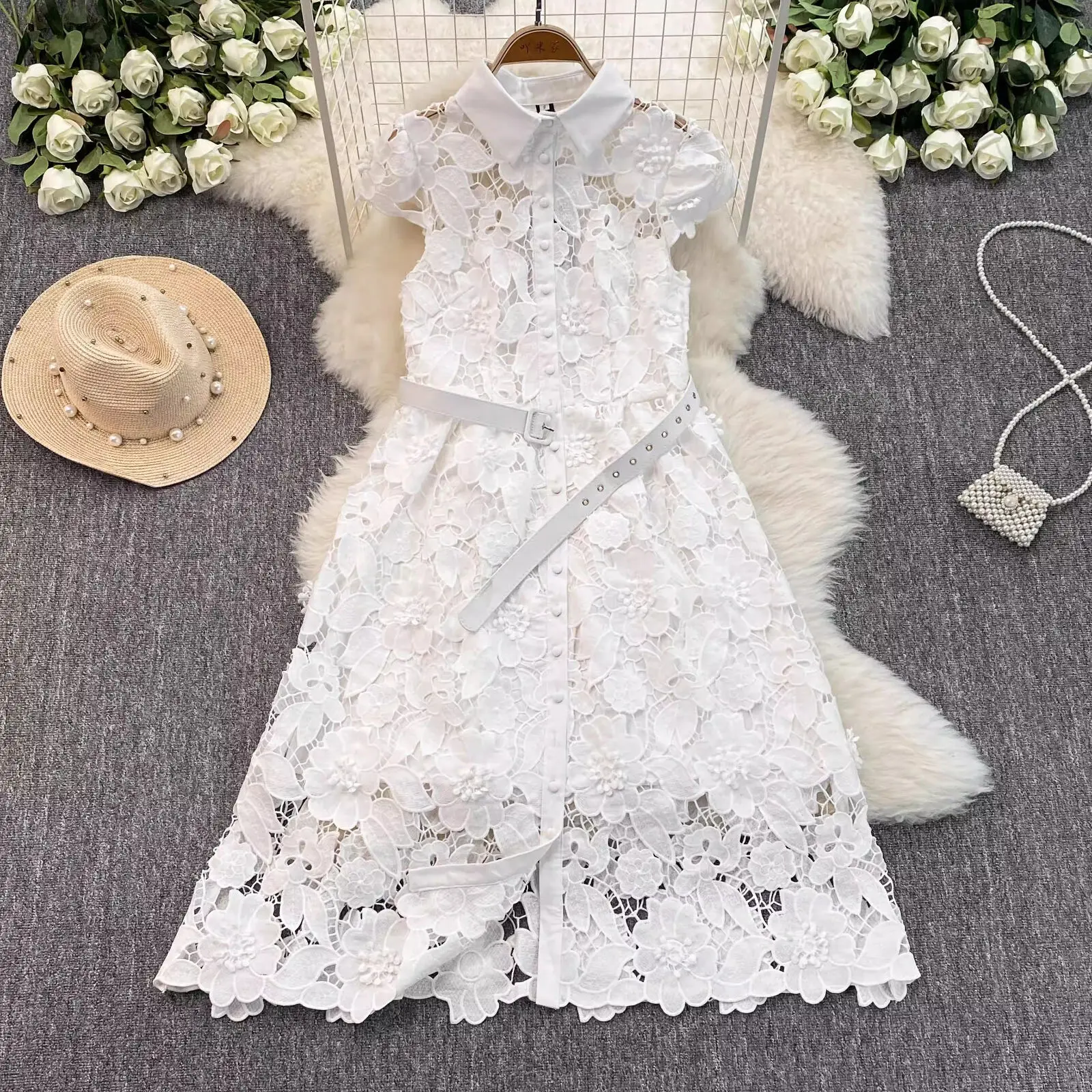 Summer Autumn Sundress Holiday 3D Flower Embroidery White Lace Prom Dress Shirt Women Elegant Evening Party Midi Long Vestidos