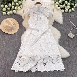 Summer Autumn Sundress Holiday 3D Flower Embroidery White Lace Prom Dress Shirt Women Elegant Evening Party Midi Long Vestidos