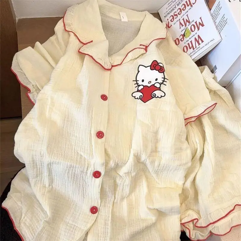 Summer New Hello Kitty Women's Pajamas Kawaii Cartoon Sleepwear Blue Doll Collar Short Sleeve Shorts Student Home Clothes